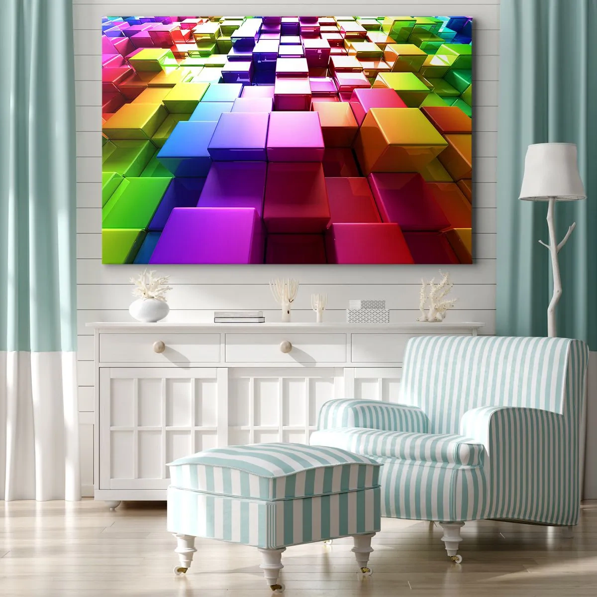 Bild auf Leinwand - Leinwandbild - Bunte geometrische 3D-Würfel - 70x50cm - Op-Art gemeinsam im Team - Moderne Wanddekoration für Wohnzimmer und Schlafzimmer ARTTOR