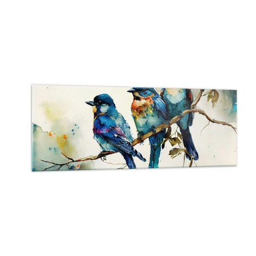 Glasbild - Bild auf glas - Drei bunte Vögel auf einem Ast im Aquarellstil - 140x50cm - War er beleidigt? - Moderne Wanddekoration für Wohnzimmer und Schlafzimmer ARTTOR