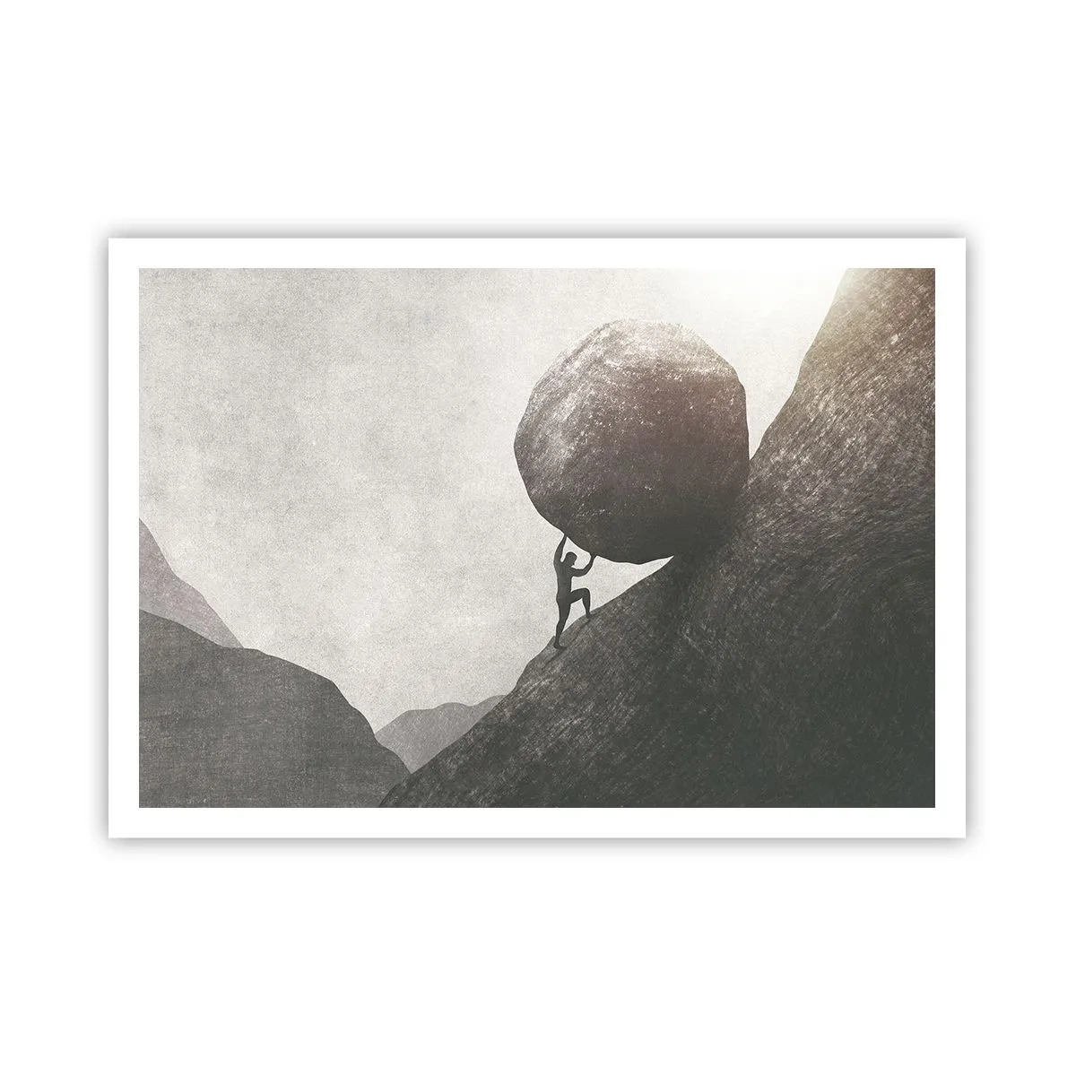 Poster - Ein Mann klettert einen riesigen Felsbrocken einen Hügel hinauf - 100x70cm - Ich glaube wider alle Hoffnung - Moderne Wanddekoration für Wohnzimmer und Schlafzimmer ARTTOR