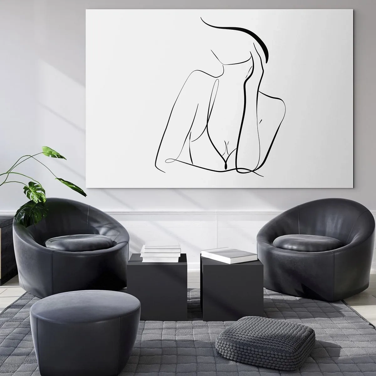 Glasbild - Bild auf glas - Eine einfache Linie, die den Umriss des Körpers in Schwarz- und Weißtönen zeigt - 100x70cm - Auf der Traumwelle - Moderne Wanddekoration für Wohnzimmer und Schlafzimmer ARTTOR