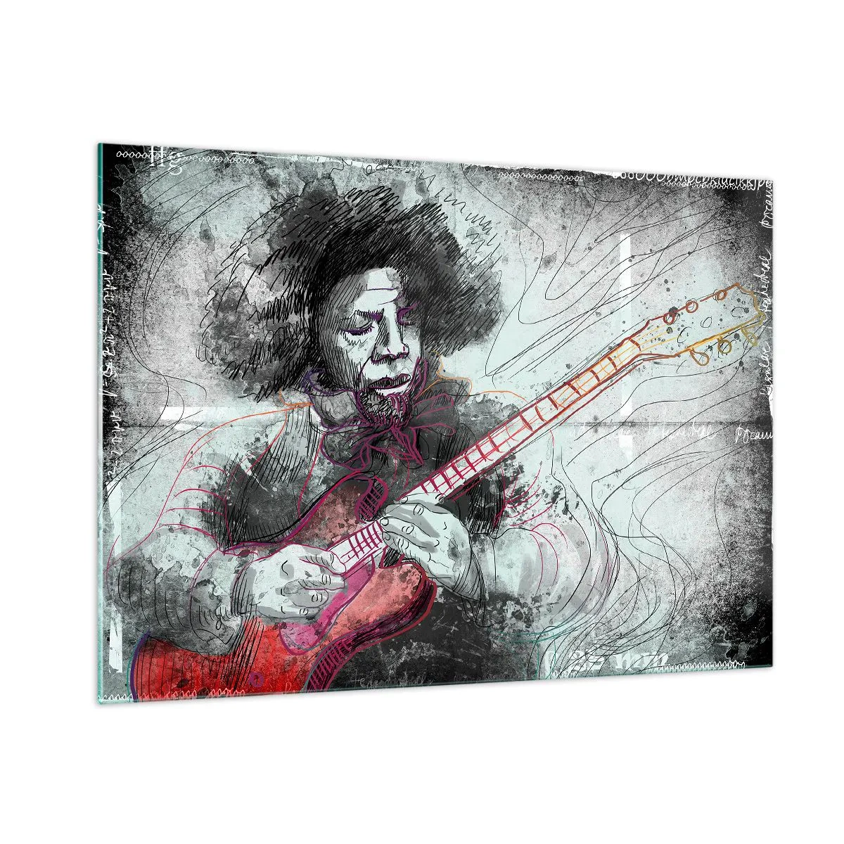 Glasbild - Bild auf glas - Künstlerisches Portrait eines Musikers mit E-Gitarre - 100x70cm - Auf den Wellen der Musik - Moderne Wanddekoration für Wohnzimmer und Schlafzimmer ARTTOR