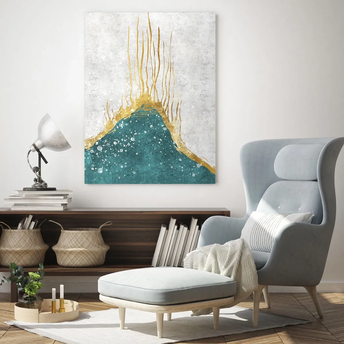 Glasbild - Bild auf glas - Abstraktes Goldmuster auf türkis-weißem Hintergrund - 50x70cm - Goldene Flut - Moderne Wanddekoration für Wohnzimmer und Schlafzimmer ARTTOR