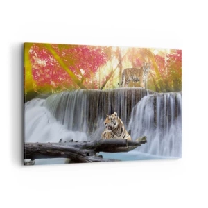 Bild auf Leinwand - Leinwandbild - Tiger an einem Wasserfall im Herbstwald - 120x80cm - Surreale Landschaft - Moderne Wanddekoration für Wohnzimmer und Schlafzimmer ARTTOR