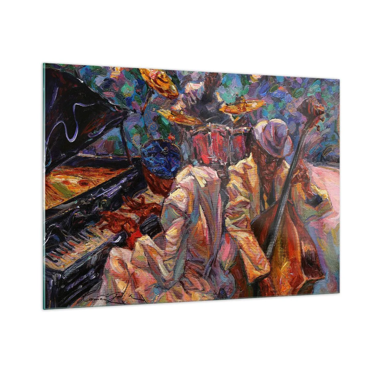 Glasbild - Bild auf glas - Eine bunte Jazzbühne mit Musikern und Instrumenten - 100x70cm - In einem Schlag - Moderne Wanddekoration für Wohnzimmer und Schlafzimmer ARTTOR