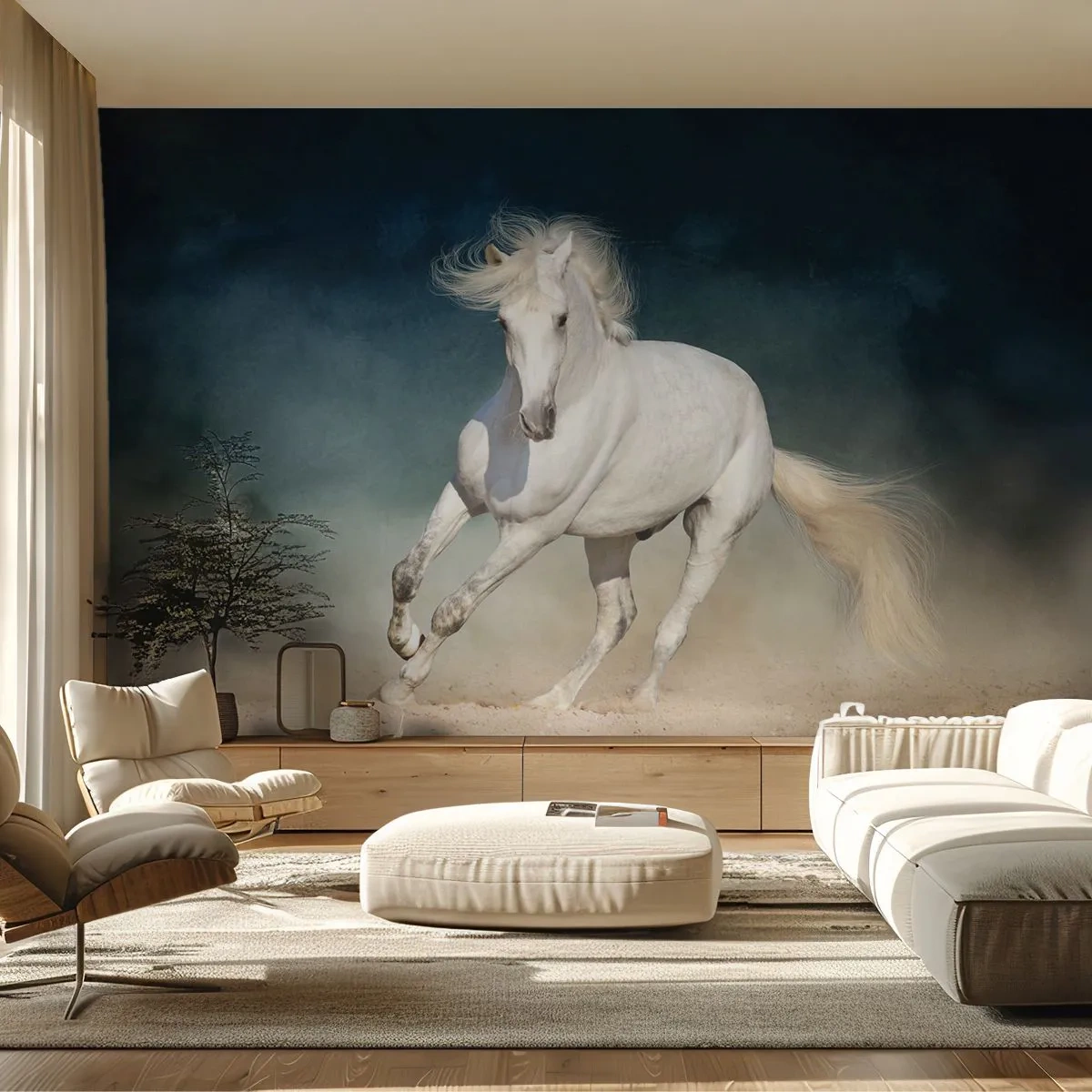 Fototapete Premium Sand - Ein galoppierendes weißes Pferd vor einem dunklen Himmel - 100x70cm - Freiheit in ihrem reinen Zustand - Moderne Wanddekoration für Wohnzimmer und Schlafzimmer ARTTOR