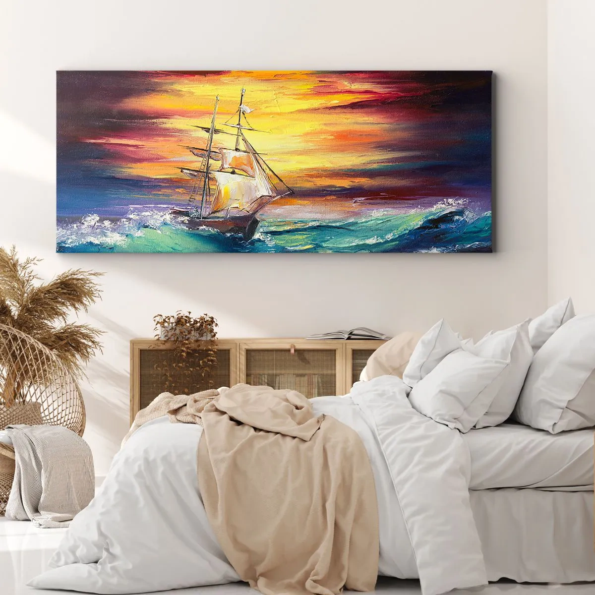 Bild auf Leinwand - Leinwandbild - Ein Segelschiff vor der Kulisse eines farbenfrohen Sonnenuntergangs - 140x50cm - Tapfer unter den Wellen - Moderne Wanddekoration für Wohnzimmer und Schlafzimmer ARTTOR