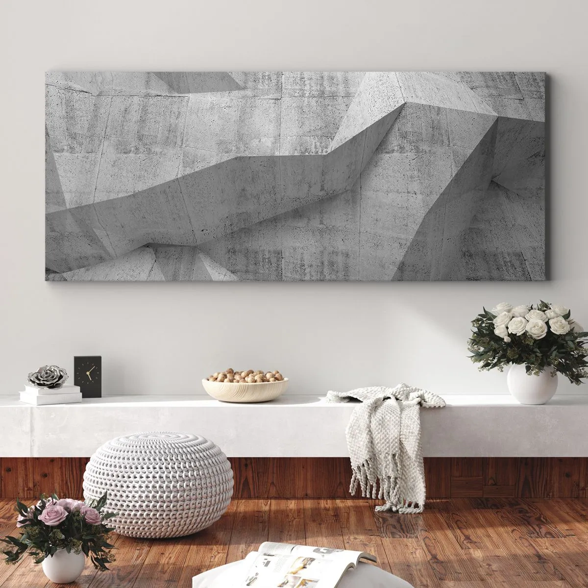 Bild auf Leinwand - Leinwandbild - Geometrische Betonformen in Grau - 120x50cm - Eine echte Herausforderung - Moderne Wanddekoration für Wohnzimmer und Schlafzimmer ARTTOR