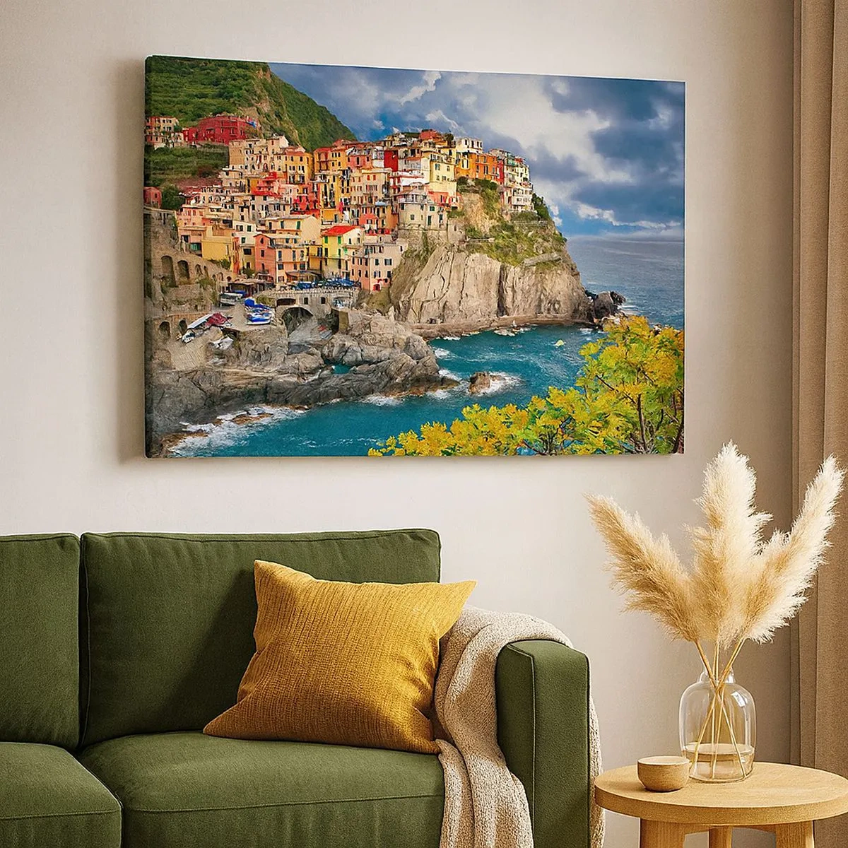 Bild auf Leinwand - Leinwandbild - Bunte Häuser auf einer Klippe mit Blick auf das Meer in Cinque Terre - 70x50cm - Eine Gruppe umarmt die Felsen - Moderne Wanddekoration für Wohnzimmer und Schlafzimmer ARTTOR