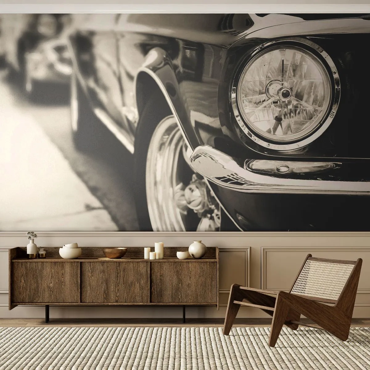 Fototapete Premium Sand - Ein Oldtimer in Schwarz und Weiß - 100x70cm - Dauerhafter Glanz - Moderne Wanddekoration für Wohnzimmer und Schlafzimmer ARTTOR