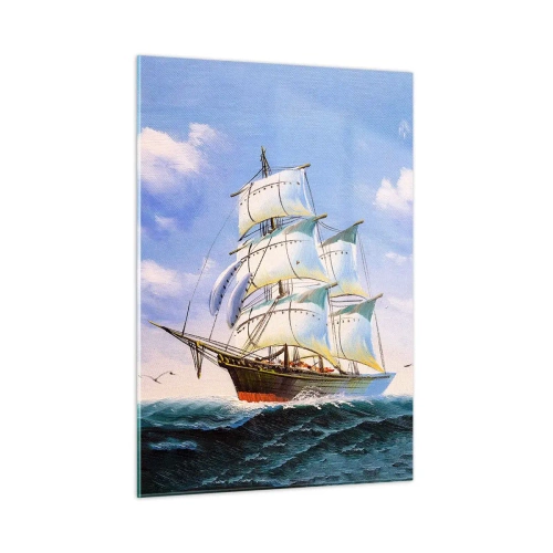 Glasbild - Bild auf glas - Ein Segelschiff auf hoher See unter blauem Himmel - 50x70cm - Mit Stolz mit dem Wind - Moderne Wanddekoration für Wohnzimmer und Schlafzimmer ARTTOR