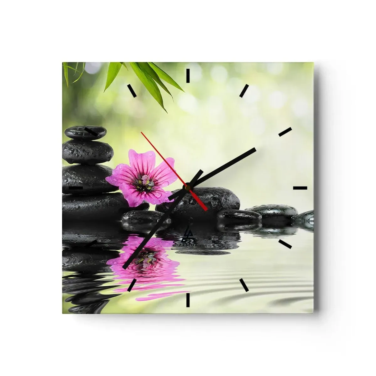 Wanduhr - Glasuhr - Zen-Steine und eine rosa Blume spiegeln sich im Wasser - 30x30cm - Zeit für die Seele - Moderne Wanddekoration für Wohnzimmer und Schlafzimmer ARTTOR