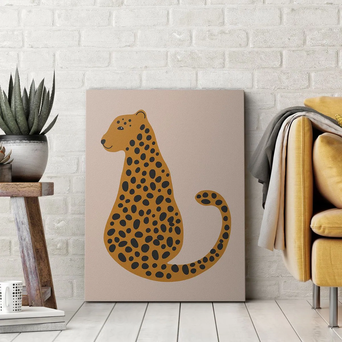 Bild auf Leinwand - Leinwandbild - Eine minimalistische Zeichnung eines Panthers auf beigem Hintergrund - 50x70cm - Leopardenmuster ist ein modisches Muster - Moderne Wanddekoration für Wohnzimmer und Schlafzimmer ARTTOR