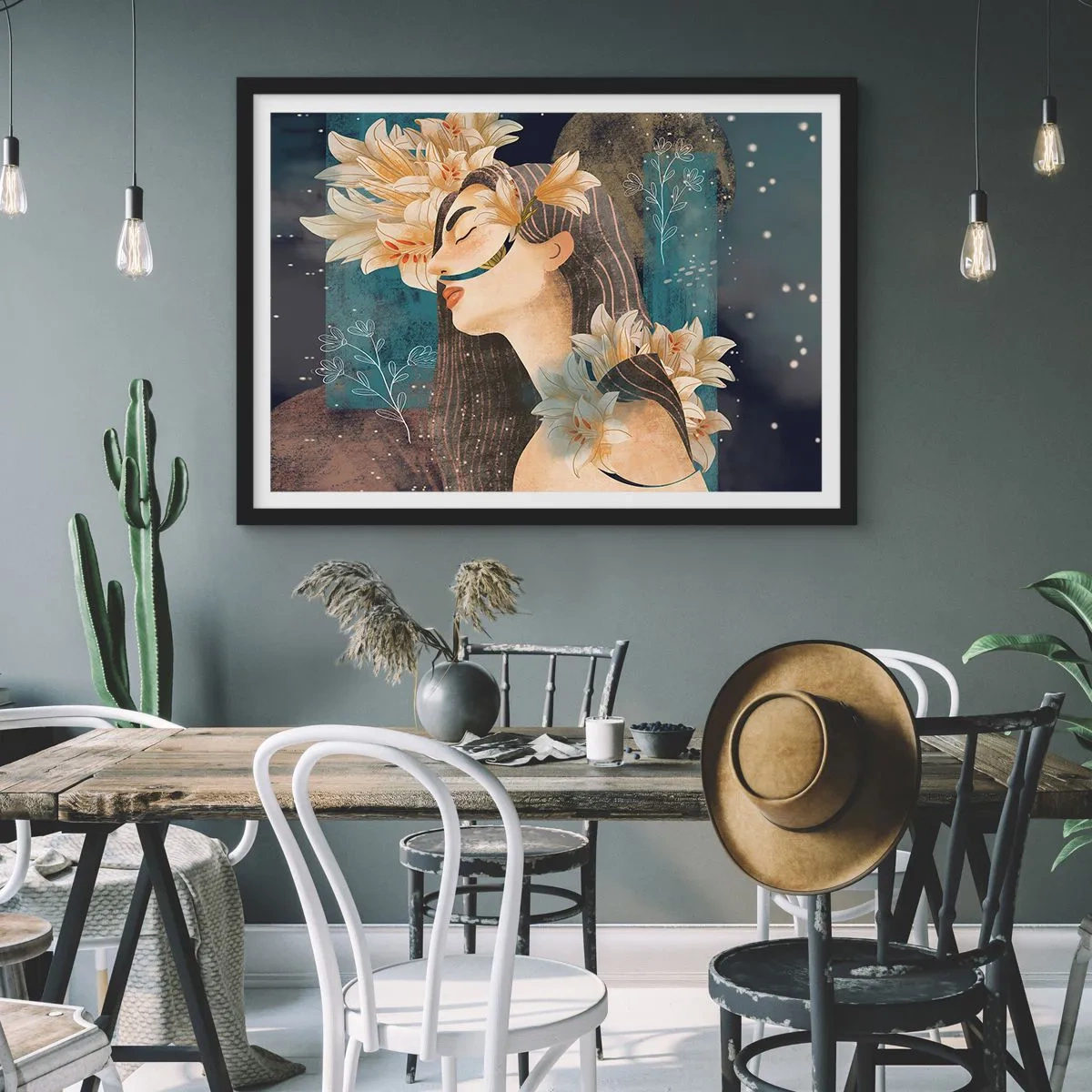 Poster in einem schwarzem Rahmen - Porträt einer Frau mit Blumen im künstlerischen Stil auf dunklem Hintergrund - 70x50cm - Ein Märchen über eine Prinzessin mit Lilien - Moderne Wanddekoration für Wohnzimmer und Schlafzimmer ARTTOR