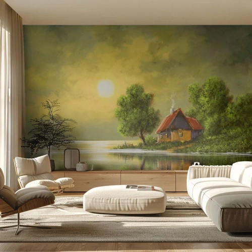 Fototapete Premium Sand - Cottage am See bei Sonnenuntergang - 100x70cm - Schön, wie ein Bild - Moderne Wanddekoration für Wohnzimmer und Schlafzimmer ARTTOR