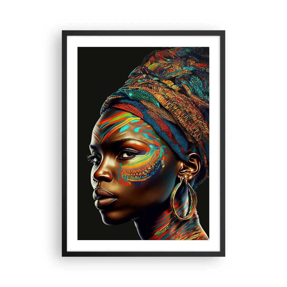 Poster in einem schwarzem Rahmen - Porträt einer Frau mit buntem Schal und ethnischem Make-up - 50x70cm - Afrikanische Königin - Moderne Wanddekoration für Wohnzimmer und Schlafzimmer ARTTOR