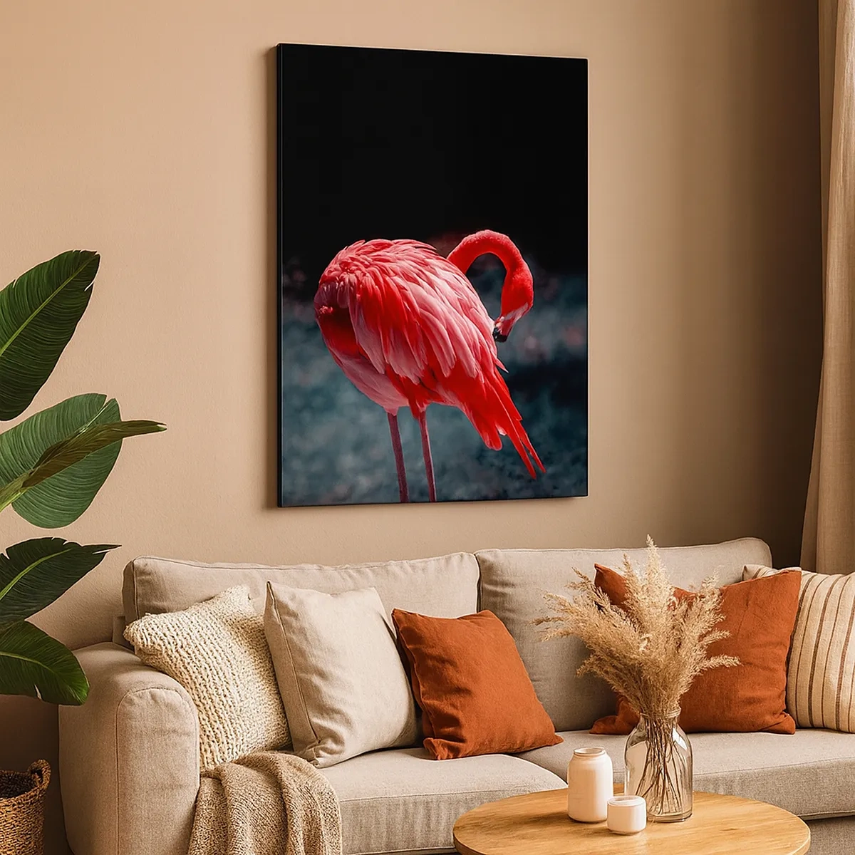 Bild auf Leinwand - Leinwandbild - Ein rosa Flamingo auf dunkelgrünem Hintergrund - 50x70cm - Ein purpurrotes Gedicht der Natur - Moderne Wanddekoration für Wohnzimmer und Schlafzimmer ARTTOR
