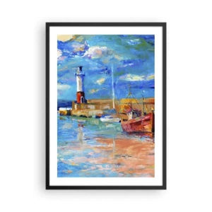 Poster in einem schwarzem Rahmen - Ein malerischer Hafen mit Leuchtturm und vertäuten Booten - 50x70cm - Ein Nachmittag in der Regenbogenbucht - Moderne Wanddekoration für Wohnzimmer und Schlafzimmer ARTTOR