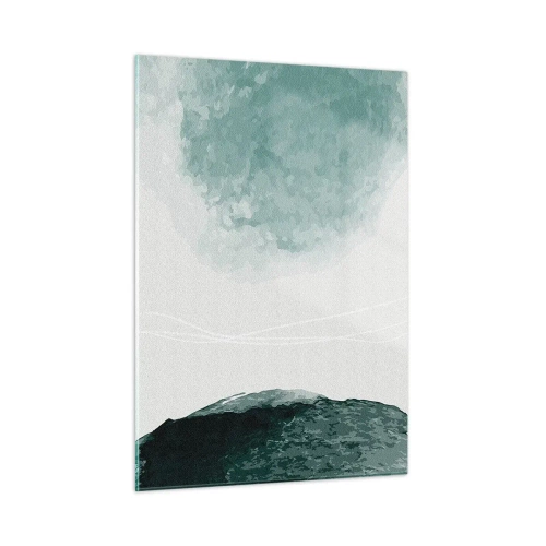 Glasbild - Bild auf glas - Grüne abstrakte Formen auf einem hellen Hintergrund, der an Nebel erinnert - 50x70cm - Begegnung mit Nebel - Moderne Wanddekoration für Wohnzimmer und Schlafzimmer ARTTOR