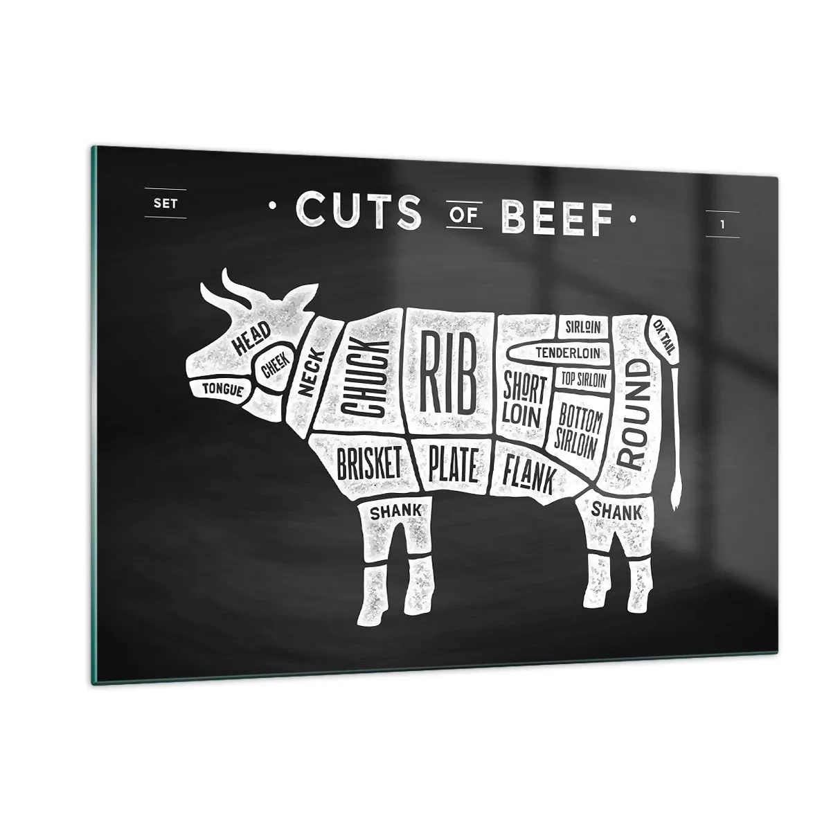 Glasbild - Bild auf glas - Rindfleischschnittdiagramm auf einer schwarzen Tafel - 120x80cm - Metzger Grundierung - Moderne Wanddekoration für Wohnzimmer und Schlafzimmer ARTTOR