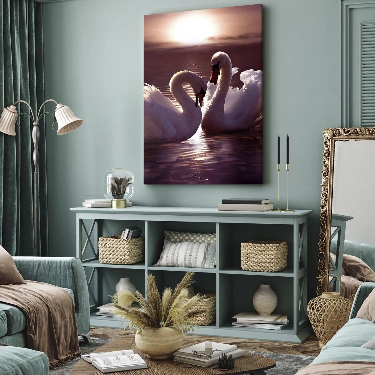 Bild auf Leinwand - Leinwandbild - Zwei Schwäne auf einem ruhigen See bei Sonnenuntergang - 50x70cm - Bis der Tod uns scheidet - Moderne Wanddekoration für Wohnzimmer und Schlafzimmer ARTTOR