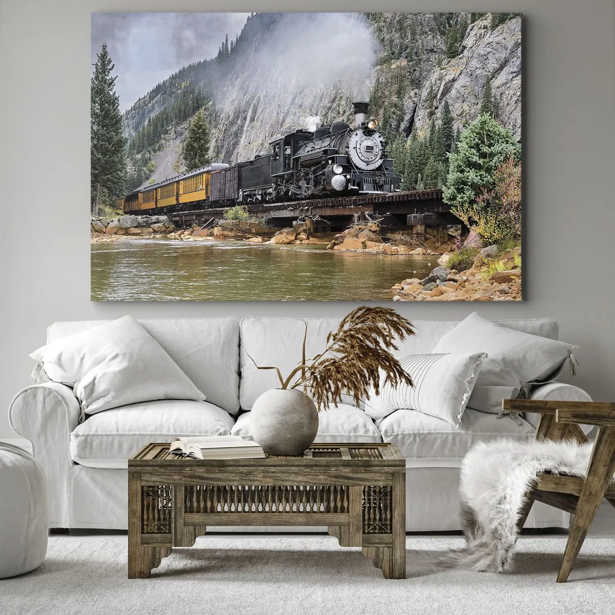 Bild auf Leinwand - Leinwandbild - Eine Dampflokomotive auf einer Brücke in einer malerischen Berglandschaft - 70x50cm - Wo willst du hin? Wohin? - Moderne Wanddekoration für Wohnzimmer und Schlafzimmer ARTTOR