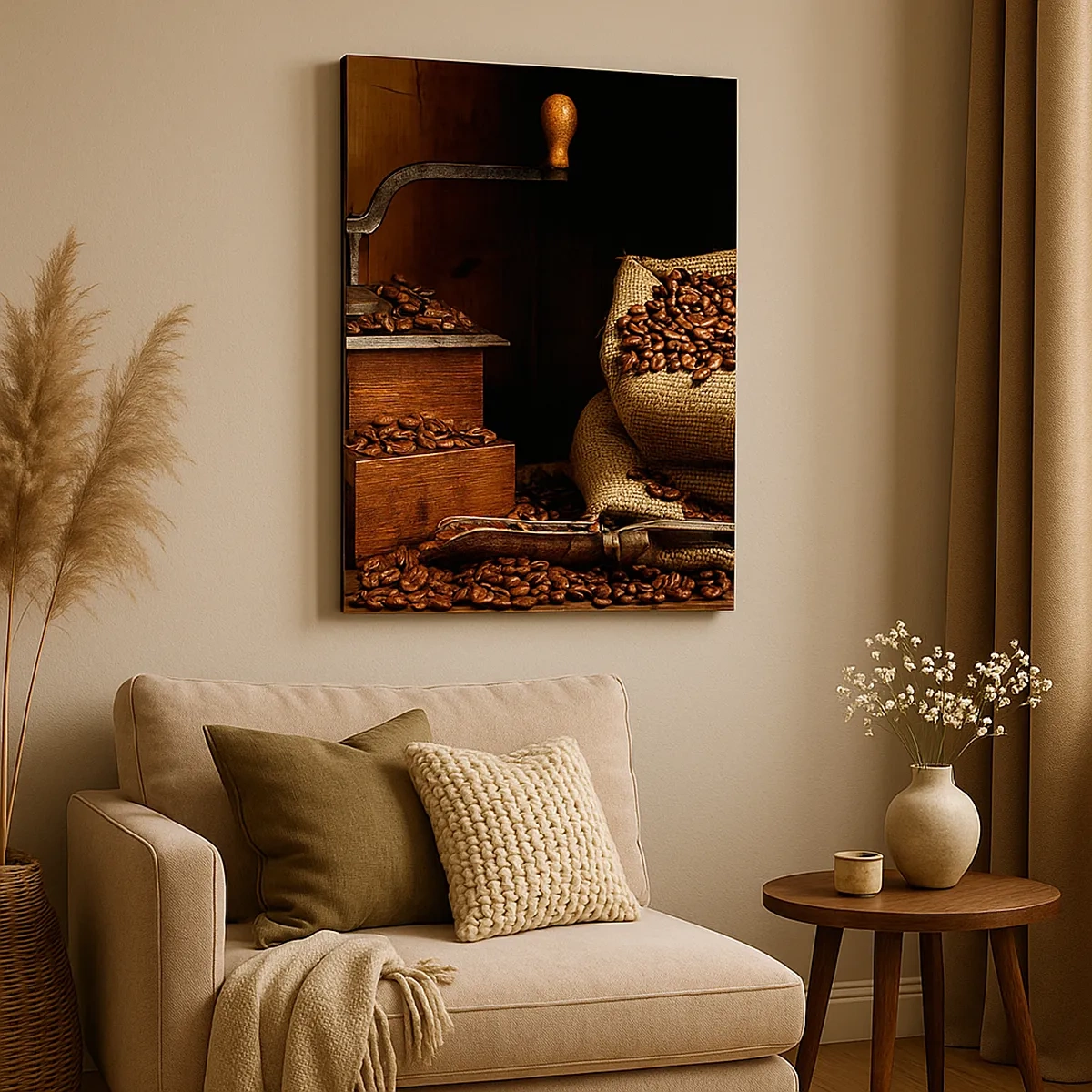 Bild auf Leinwand - Leinwandbild - Eine alte Kaffeemühle mit Bohnen und einer Tasche im rustikalen Stil. - 50x70cm - Stillleben mit Kaffeebohnen und einer Mühle - Moderne Wanddekoration für Wohnzimmer und Schlafzimmer ARTTOR