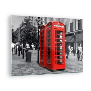 Glasbild - Bild auf glas - Rote Telefonzellen auf einer Londoner Straße - 70x50cm - Rote Telefonzellen - Moderne Wanddekoration für Wohnzimmer und Schlafzimmer ARTTOR