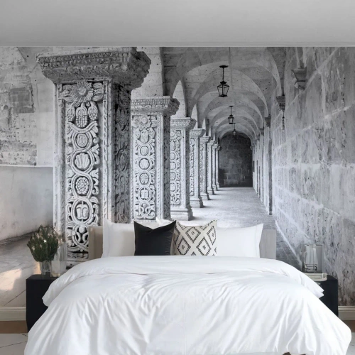 Selbstklebende Fototapete Deluxe Sticker - Und wo geht’s hin...? - Die Architektur, Stück, Schwarz und weiß - 250x175 cm