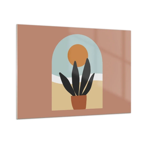 Glasbild - Bild auf glas - Eine abstrakte Szene mit einer Topfpflanze und der Sonne im Hintergrund, in Pastellfarben. - 100x70cm - Kleine Freuden - Moderne Wanddekoration für Wohnzimmer und Schlafzimmer ARTTOR