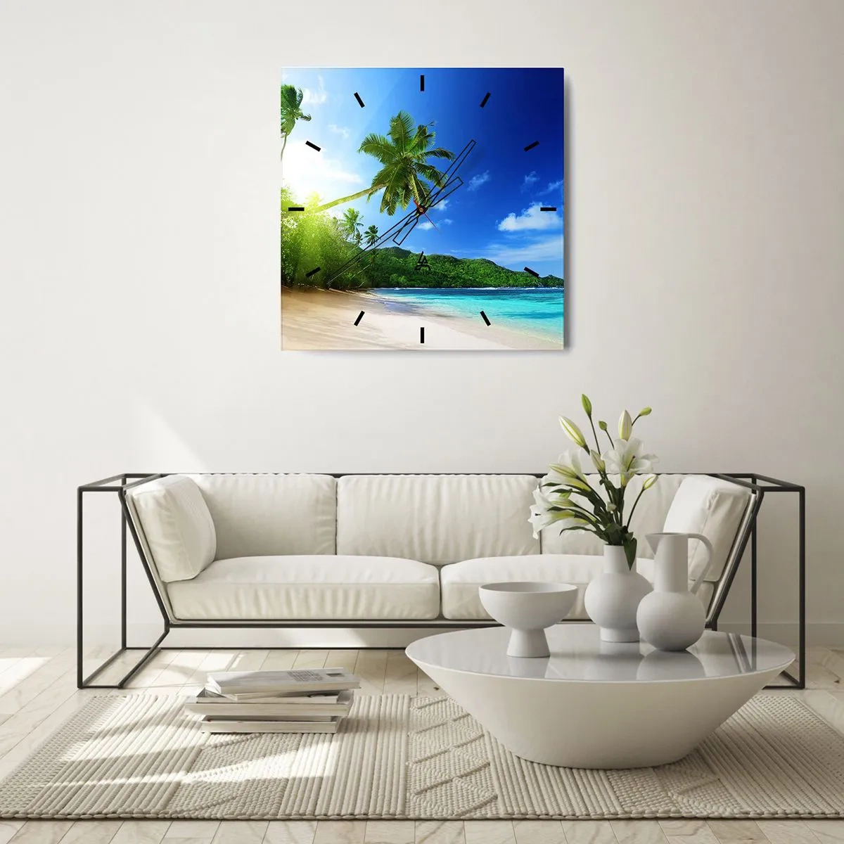 Wanduhr - Glasuhr - Tropischer Strand mit Palmen und türkisfarbenem Meer - 30x30cm - Die sanfte Berührung der Tropen - Moderne Wanddekoration für Wohnzimmer und Schlafzimmer ARTTOR