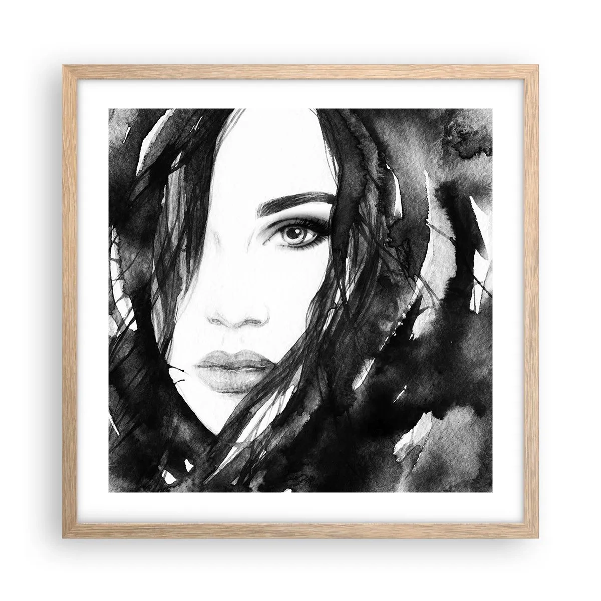 Poster in einem Rahmen aus heller Eiche - Porträt einer Dame in Schwarzweiß - 50x50 cm