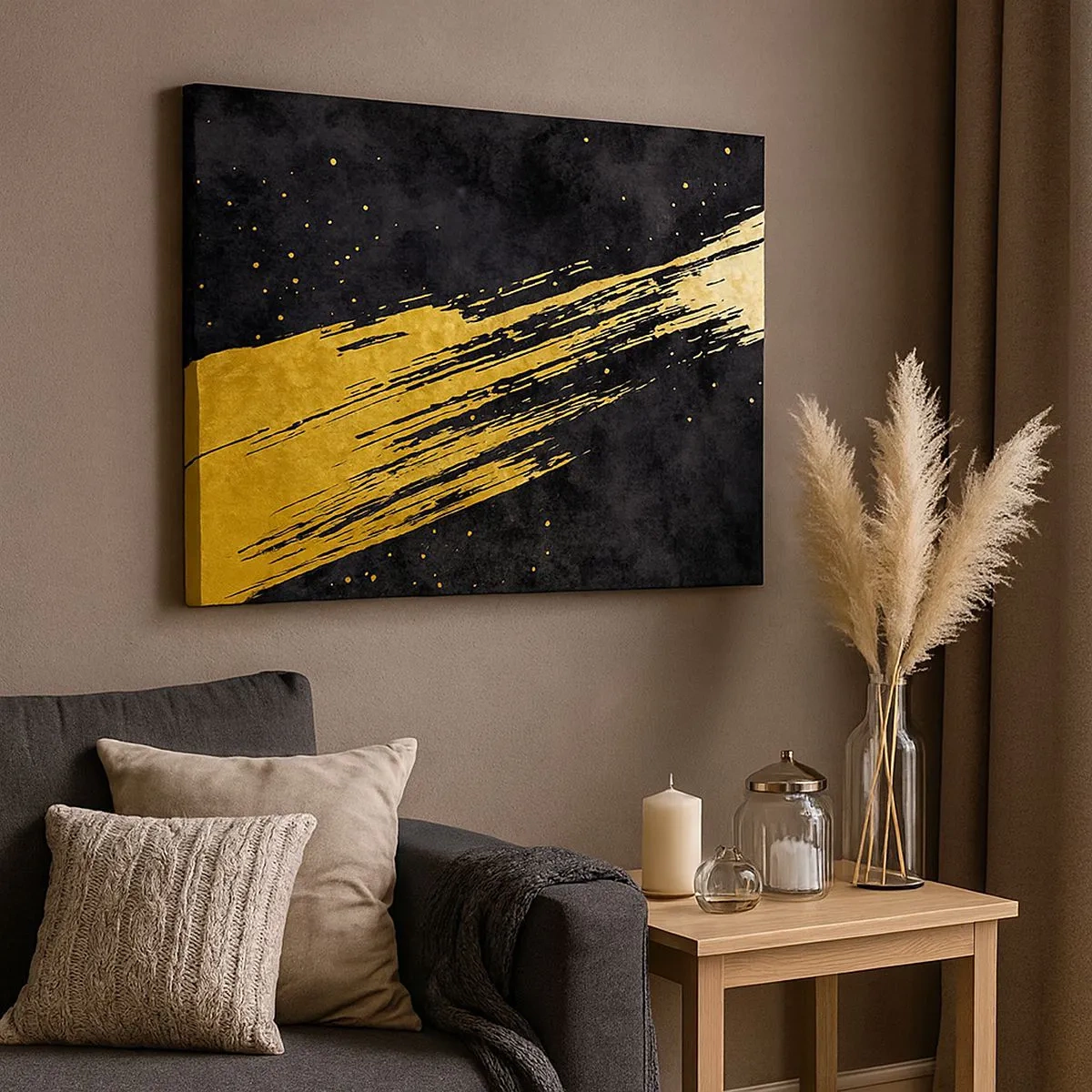 Bild auf Leinwand - Leinwandbild - Schwarzer Hintergrund mit dynamischen goldenen Pinselstrichen - 70x50cm - Sprung in den Hyperraum - Moderne Wanddekoration für Wohnzimmer und Schlafzimmer ARTTOR