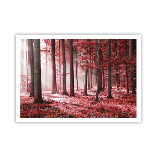 Poster - Ein atemberaubender Wald in roten Farbtönen mit Lichtstrahlen, die durch die Bäume dringen - 100x70cm - Rot ist genauso schön - Moderne Wanddekoration für Wohnzimmer und Schlafzimmer ARTTOR