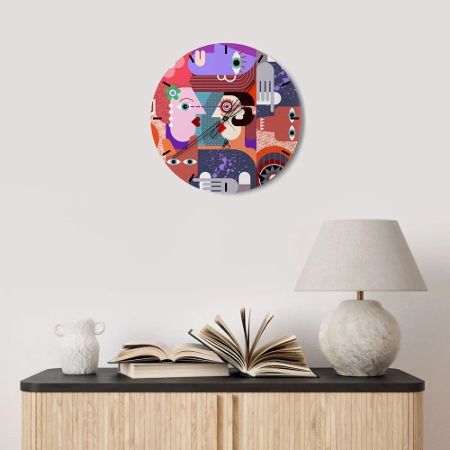 Wanduhr - Glasuhr - Farbenfrohe Abstraktion mit einem Gesichtsmotiv im kubistischen Stil - 30x30cm - Augenhöhe - Moderne Wanddekoration für Wohnzimmer, Küche und Schlafzimmer ARTTOR