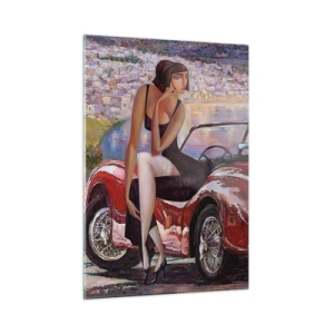 Glasbild - Bild auf glas - Eine Frau und ein Hund neben einem roten Auto mit einer Landschaft im Hintergrund. - 50x70cm - Sommer? Nur an der Riviera - Moderne Wanddekoration für Wohnzimmer und Schlafzimmer ARTTOR