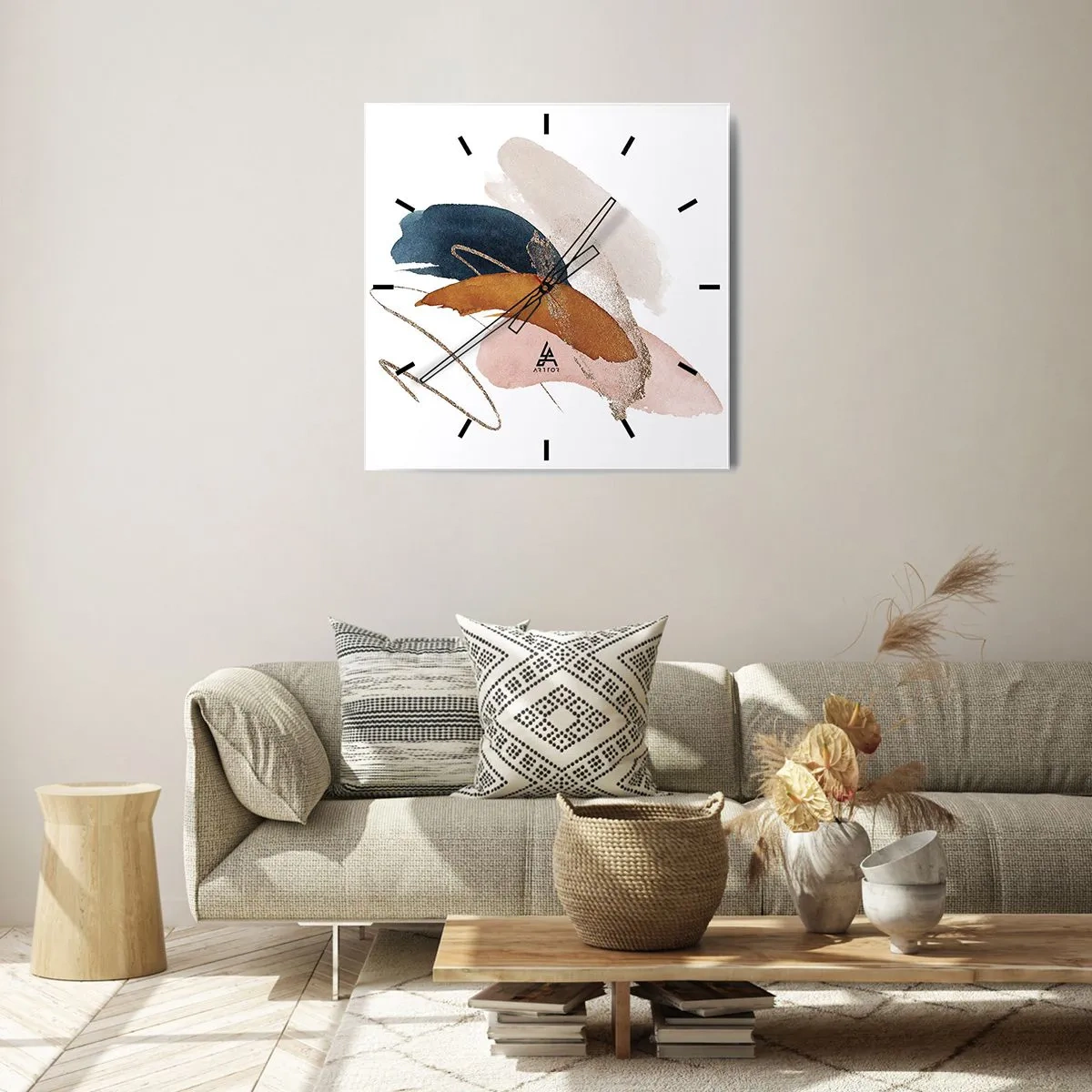 Wanduhr - Glasuhr - Abstrakte Striche in Pastellfarben mit goldenen Akzenten - 30x30cm - Geflügelte Komposition - Moderne Wanddekoration für Wohnzimmer und Schlafzimmer ARTTOR