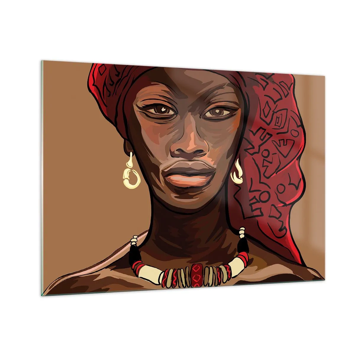 Glasbild - Bild auf glas - Stilisiertes Porträt einer Frau mit rotem Turban und Schmuck. - 100x70cm - Venus aus Ebenholz - Moderne Wanddekoration für Wohnzimmer und Schlafzimmer ARTTOR