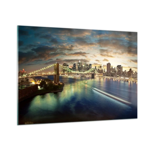 Glasbild - Bild auf glas - Blick auf die Brücke und die Stadt bei Sonnenuntergang - 100x70cm - Ein heller Abend über Manhattan - Moderne Wanddekoration für Wohnzimmer und Schlafzimmer ARTTOR