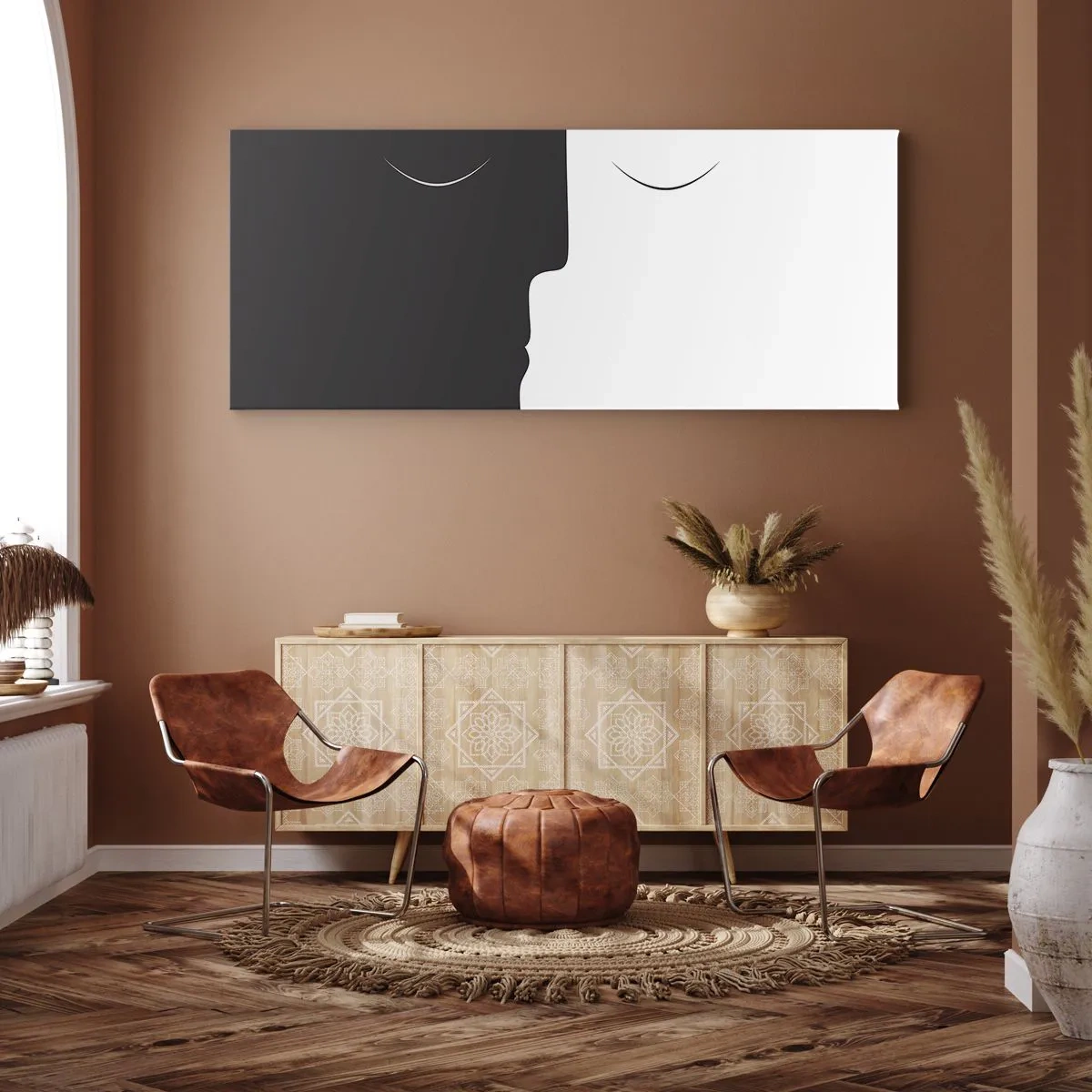 Bild auf Leinwand - Leinwandbild - Eine minimalistische Silhouette zweier Gesichter in Kontrastfarben. - 140x50cm - Einheit der Gegensätze - Moderne Wanddekoration für Wohnzimmer und Schlafzimmer ARTTOR