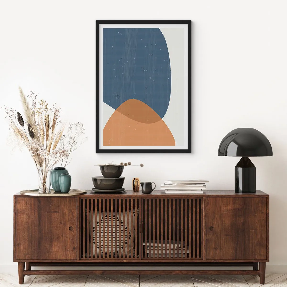 Poster in einem schwarzem Rahmen - Geometrie in Blau- und Beigetönen - 50x70cm - Ovale und Einflüsse - Moderne Wanddekoration für Wohnzimmer und Schlafzimmer ARTTOR