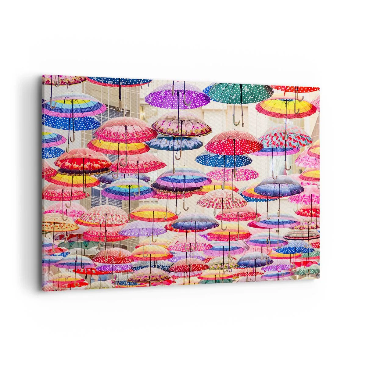 Bild auf Leinwand - Leinwandbild - Bunte Regenschirme schweben in der Luft - 100x70cm - Stadtwiese - Moderne Wanddekoration für Wohnzimmer und Schlafzimmer ARTTOR