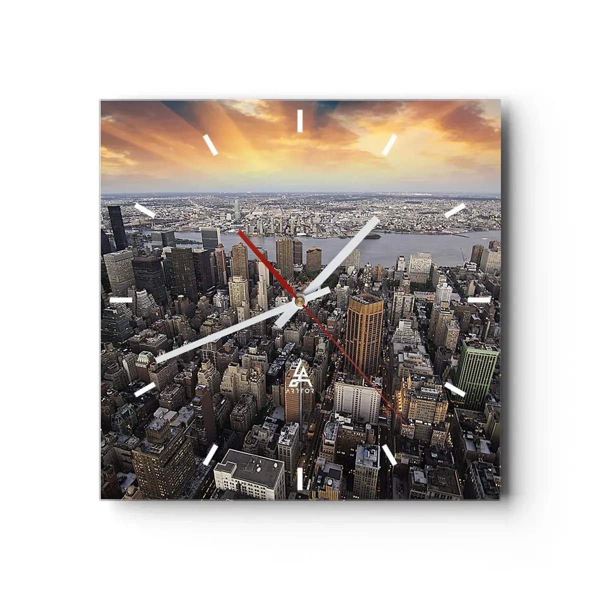 Wanduhr - Glasuhr - Blick auf die Metropole mit der untergehenden Sonne - 30x30cm - Das schlagende Herz unserer Zeit - Moderne Wanddekoration für Wohnzimmer und Schlafzimmer ARTTOR