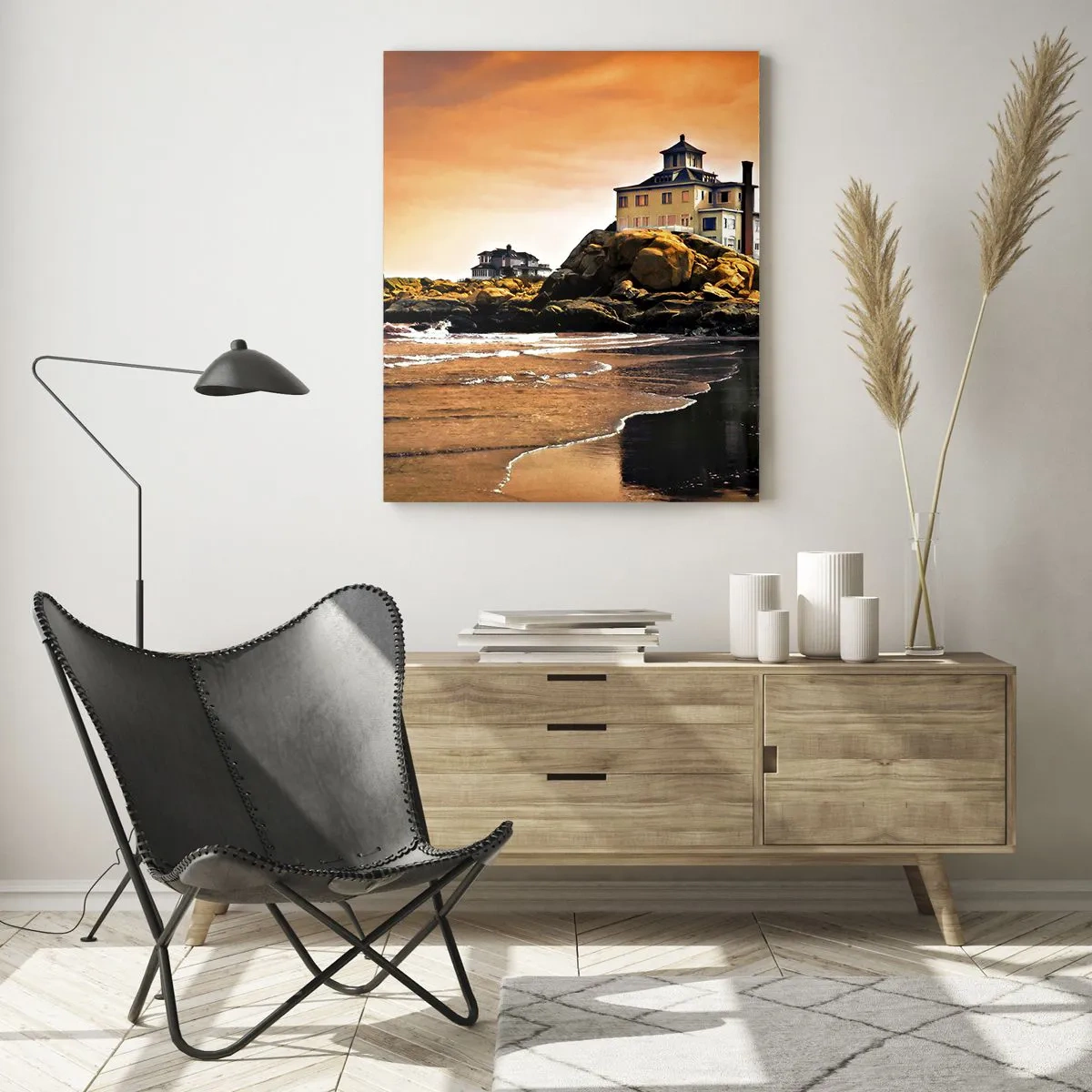 Glasbild - Bild auf glas - Haus auf einer Klippe mit Blick auf das Meer bei Sonnenuntergang - 50x70cm - Eleganz der Westküste - Moderne Wanddekoration für Wohnzimmer und Schlafzimmer ARTTOR