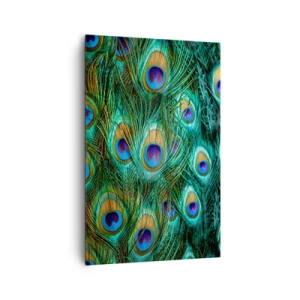 Bild auf Leinwand - Leinwandbild - Details von Pfauenfedern in satten Farben - 80x120cm - Ein Blick mit Pfauenaugen - Moderne Wanddekoration für Wohnzimmer und Schlafzimmer ARTTOR