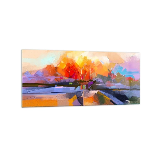 Glasbild - Bild auf glas - Eine abstrakte Landschaft mit intensiven Herbstfarben. - 120x50cm - Der Herbst ist geworden - Moderne Wanddekoration für Wohnzimmer und Schlafzimmer ARTTOR