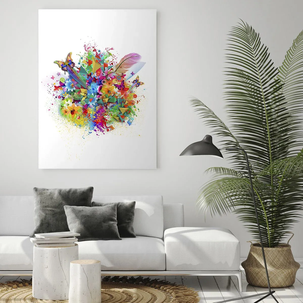 Glasbild - Bild auf glas - Farbenfrohes Motiv mit Blumen und Schmetterlingen - 70x100cm - Ein Strauß Freude - Moderne Wanddekoration für Wohnzimmer und Schlafzimmer ARTTOR