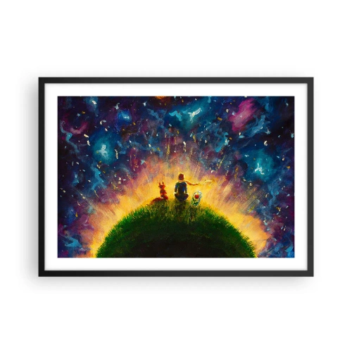 Poster in einem schwarzem Rahmen - Figuren auf einem grünen Hügel, umgeben von einem Sternenhimmel - 70x50cm - Liebe und Freundschaft - die ganze Welt - Moderne Wanddekoration für Wohnzimmer und Schlafzimmer ARTTOR