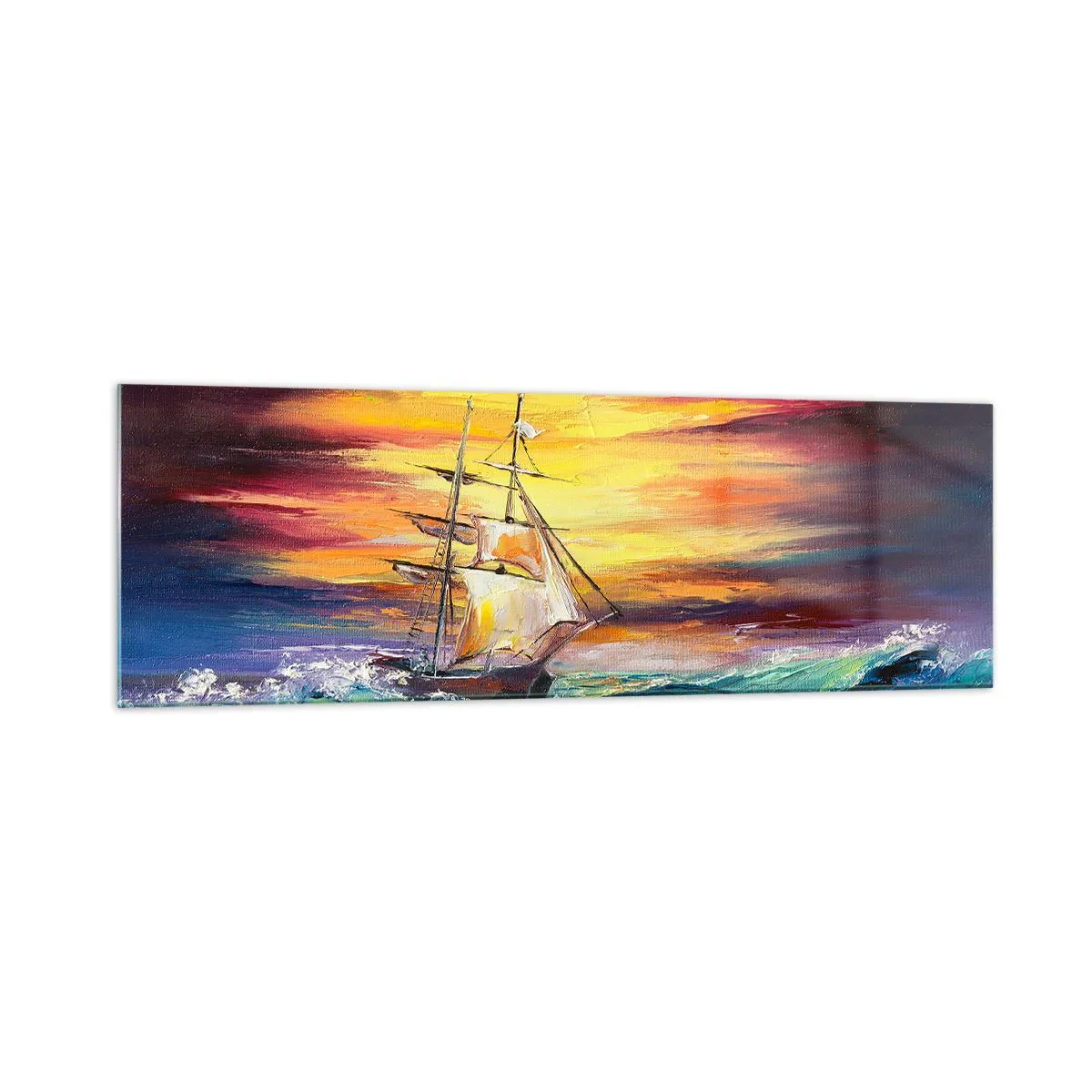 Glasbild - Bild auf glas - Ein Segelschiff vor der Kulisse eines farbenfrohen Sonnenuntergangs - 160x50cm - Tapfer unter den Wellen - Moderne Wanddekoration für Wohnzimmer und Schlafzimmer ARTTOR