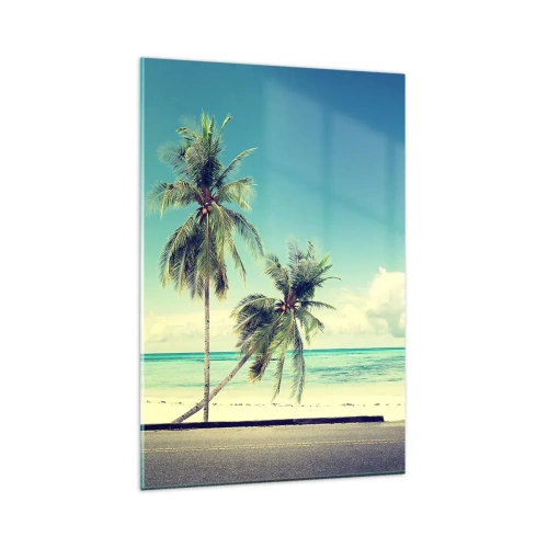 Glasbild - Bild auf glas - Ein rosafarbener Van mit einem Surfbrett vor einem tropischen Strand. - 80x120cm - Zeit um in die Ferien zu starten - Moderne Wanddekoration für Wohnzimmer und Schlafzimmer ARTTOR