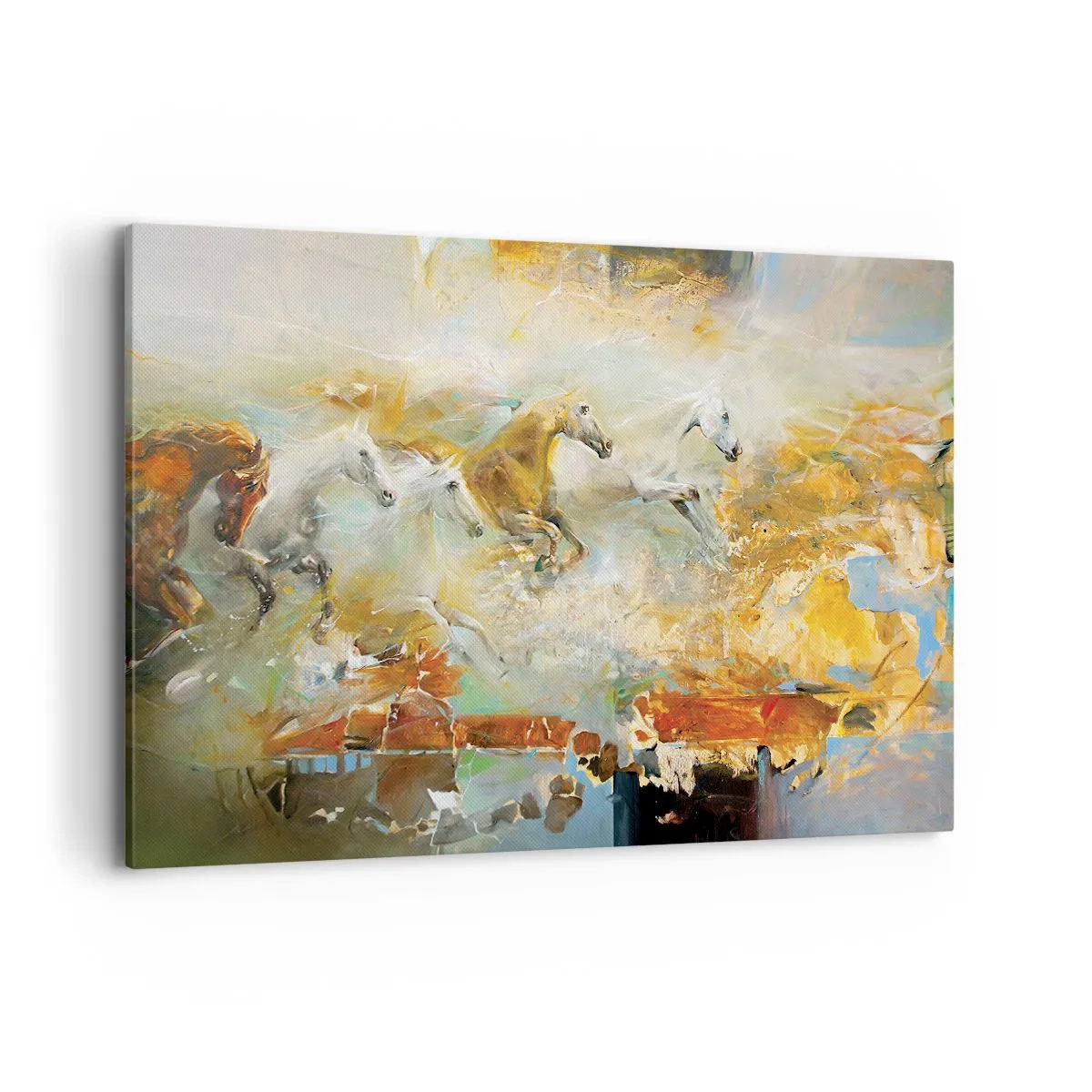 Bild auf Leinwand - Leinwandbild - Künstlerische Pferde in einer dynamischen, farbenfrohen Umgebung - 120x80cm - Im Galopp durch das Licht - Moderne Wanddekoration für Wohnzimmer und Schlafzimmer ARTTOR